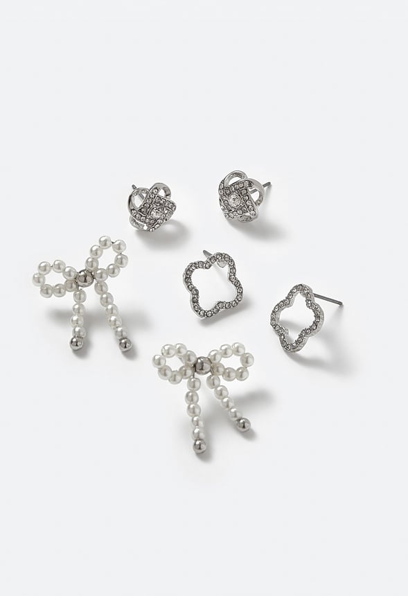 Cora 3 Pair Pack Clover Knot and Pearl Bow Studs Earrings Black/ Silver