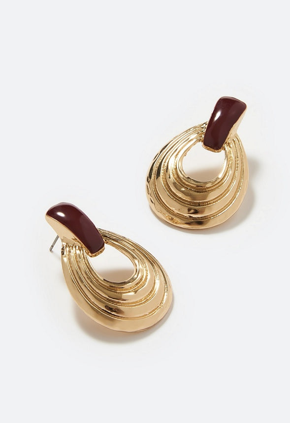 Elle Enamel Inlay Ridged Door Knocker Earring Burgundy/Gold