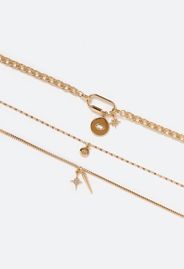 3-Rows Kate Necklace With Mix Charms And Carabiner Clasp Crystal/ Gold