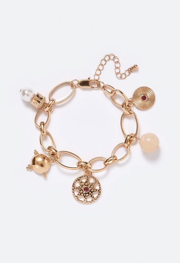Erin Link Chain Bracelet With Mix Charms Cream/ Gold