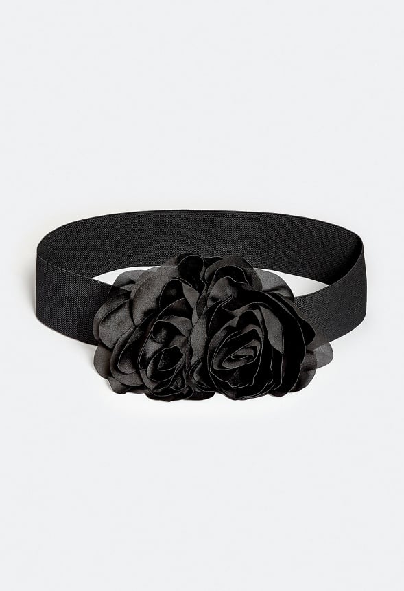 Dee Elastic Waist Belt With Double Flower Corsage Black