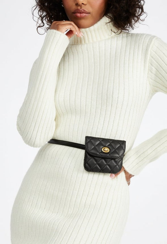 Indy Quilted Faux Leather Belt Purse With Removable Purse Gold/ Black