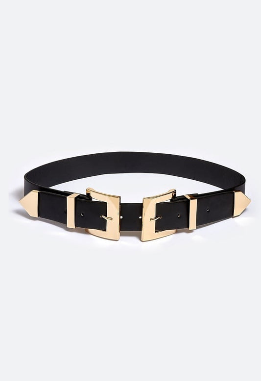 Kacy Adjustable Double Buckle Faux Leather Belt Gold/ Black