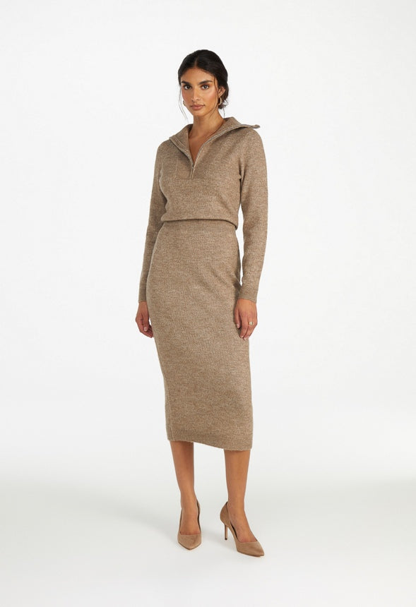 Quarter Zip Sweater Midi Dress Warm Taupe