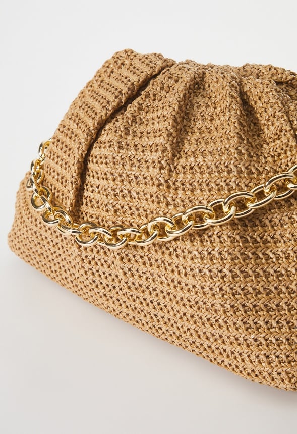 Raffia Ruched Clutch With Chain Natural