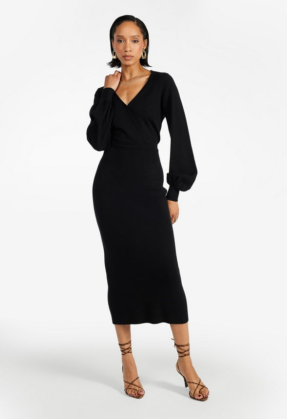 Wrap Midi Sweater Dress Black Caviar