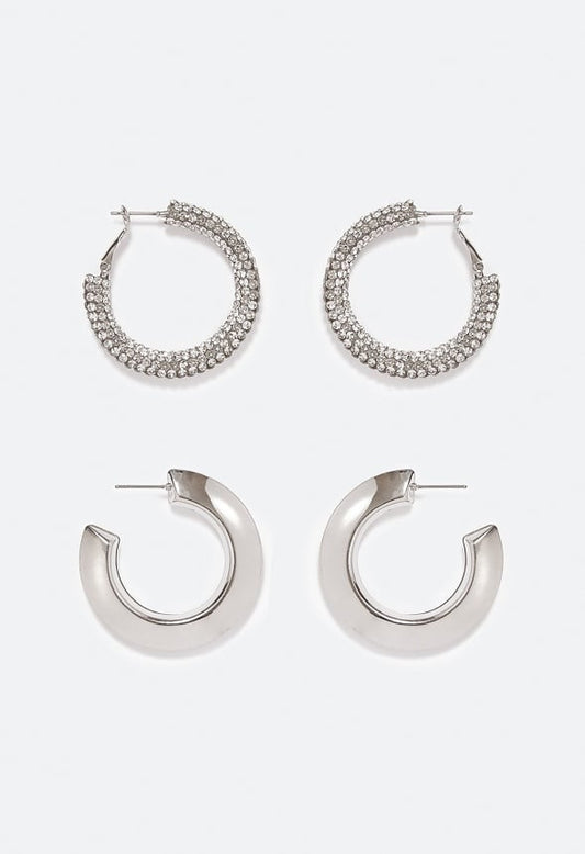 Jane 2 Pair Pack Hoop Earrings Crystal/ Silver