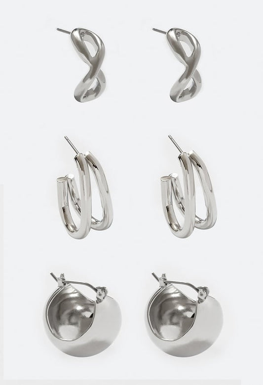 Keira 3-Pair Modern Huggie Hoop Earrings Silver