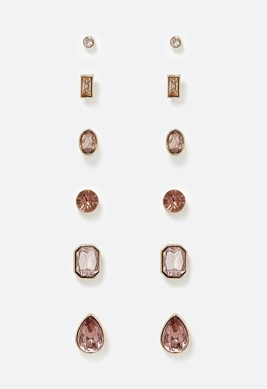 Arlet 6-Pairs Mixed Shape Glass Stud Earrings in Blush Tones Blush/ Gold