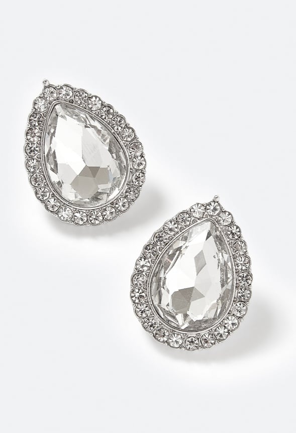 Tru Glass Stone Teardrop With Rhinestones Surrounding Stud Earrings Crystal/ Silver