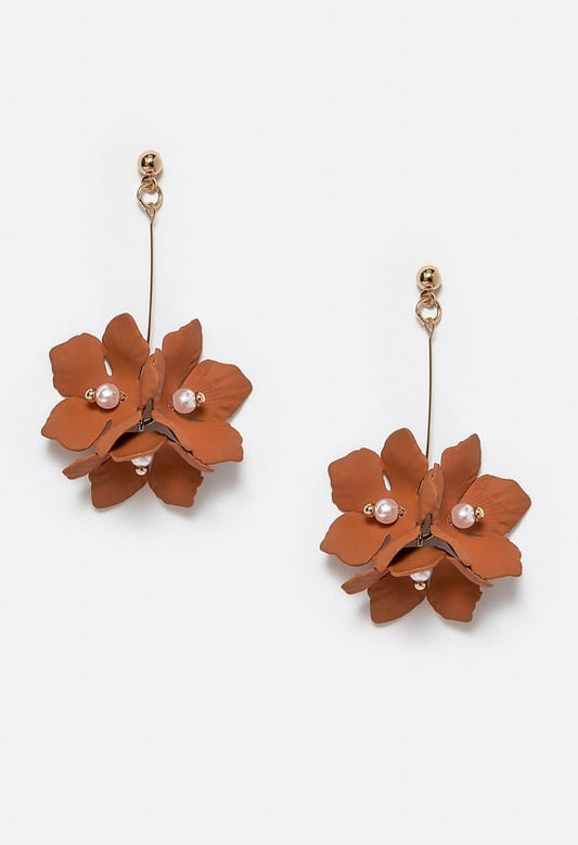 Xyla Colour Coated Petals Flowers Drop Earrings Brown/ Gold