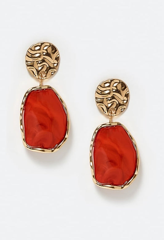 Oma Textured Coin With Irregular Resin Drop Earrings Coral/ Gold