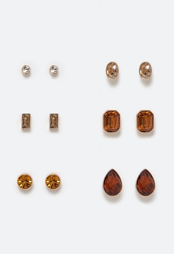 Adah 6 Pairs Mixed Shape Glass Stud Earrings In Topaz Stones Topaz/ Gold