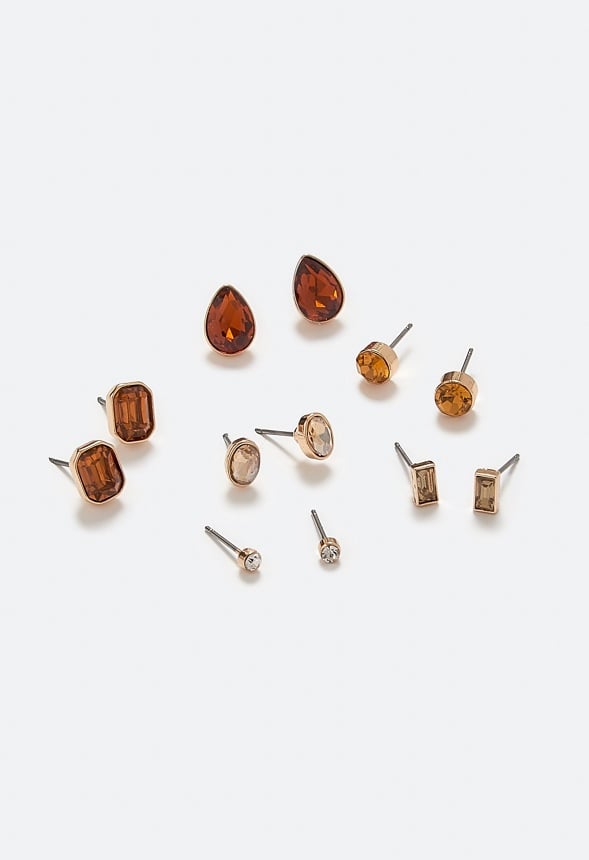 Adah 6 Pairs Mixed Shape Glass Stud Earrings In Topaz Stones Topaz/ Gold