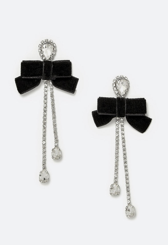 Aubrie Glass Stones And Cupchain Drop Earrings With Velvet Bows Crystal/ Silver