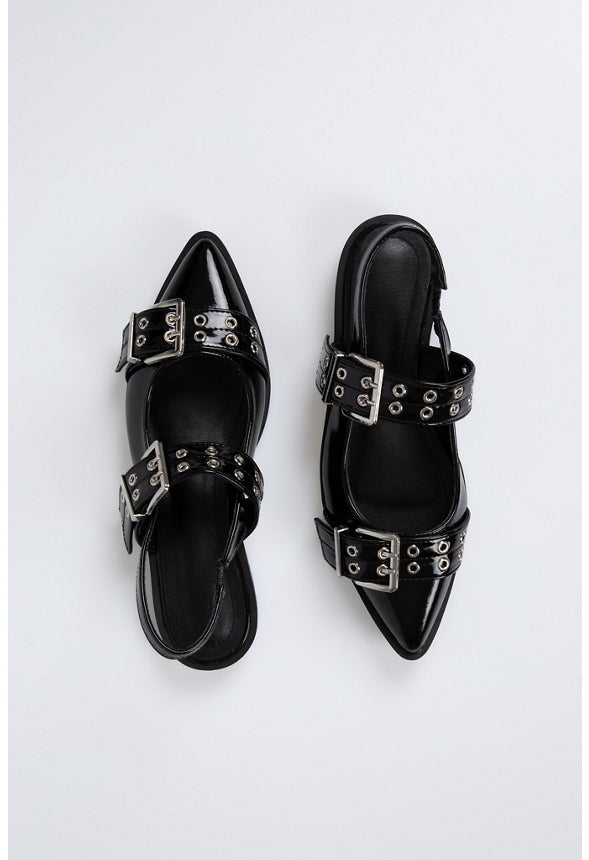 Delilah Double-Buckled Ballet Flat Black