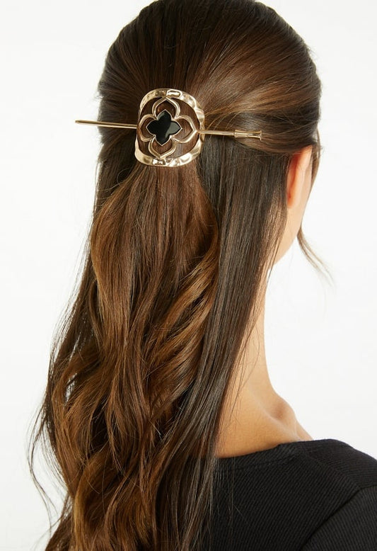 Xia Enamel Clover Metal Hair Ring With Pin Black/ Gold