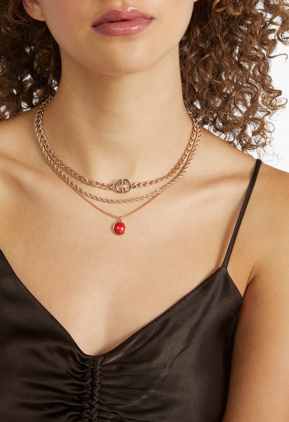 Arianna Semi Precious Drop Layered Necklace Rust/ Gold