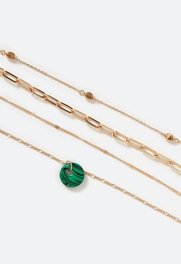 Raya Layered Chain Necklace With Semi Precious Rose Quartz Disc Drop Malachite/ Gold