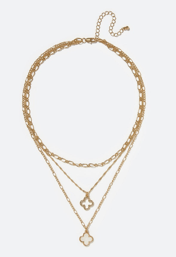 Kayla Layered Chain Necklace with Clover Motif Crystal/Gold