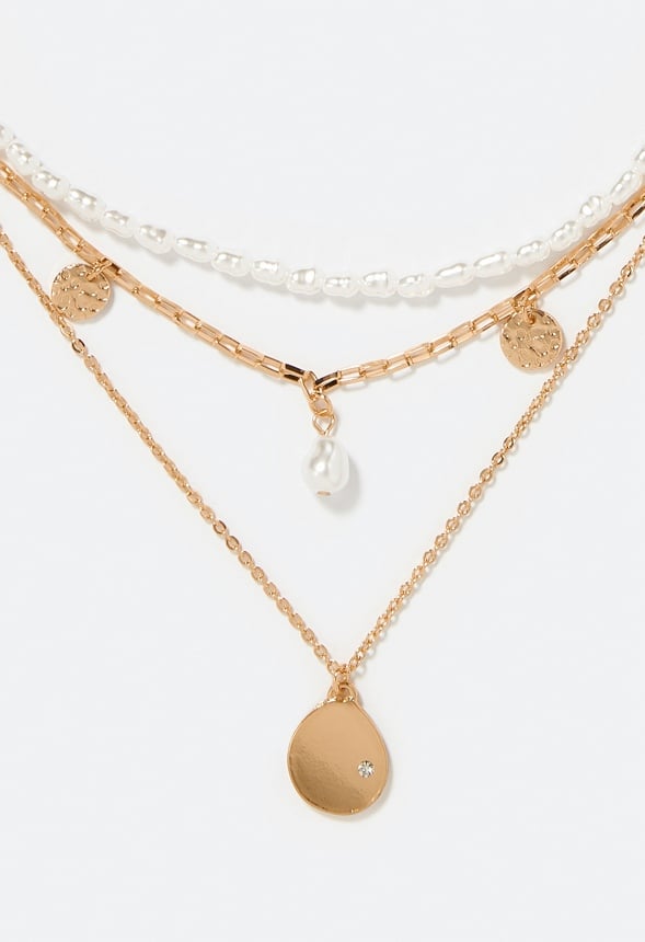 Kairi Organic Pearl and Mini Disc Layered Necklace Cream/Gold 