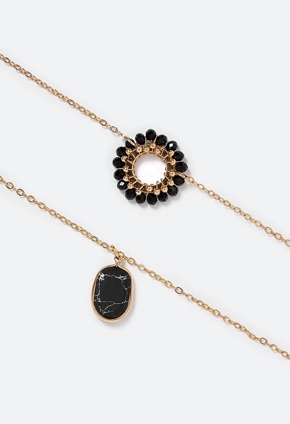 Kali 2 Row Glass Beads Ring With Stone Drop Layer Necklace Black/ Gold