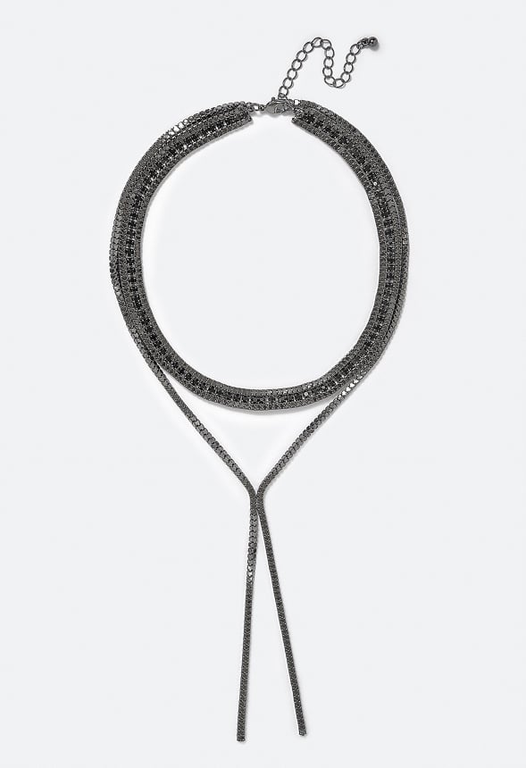 Ella 2 Row Box Chain & Glass Stone Necklace With Y Drop Jet/ Gunmetal