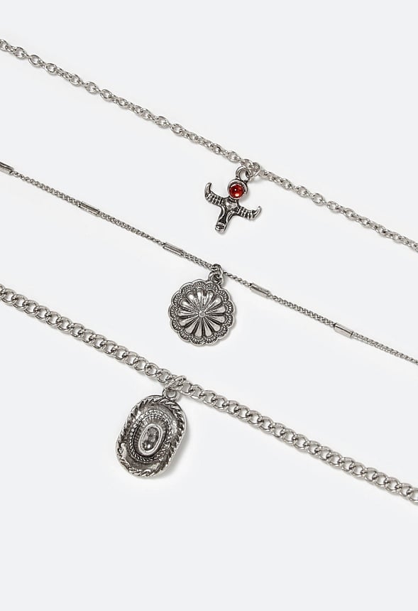 Raye 3 Rows Mix Chains Necklace With Rodeo And Semi Precious Motifs Drops Red/ Silver