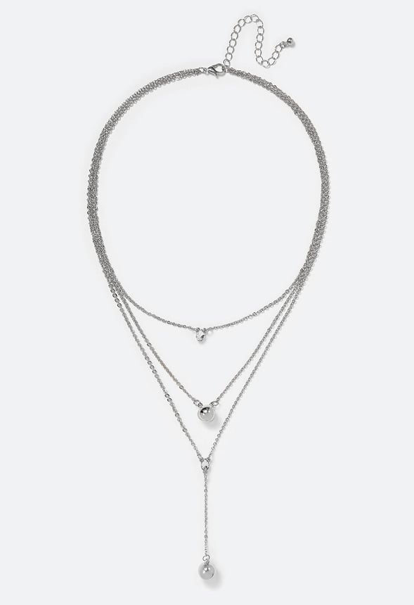 Lana 3 Rows Metal Beads And Glass Stone Drops Necklace Silver