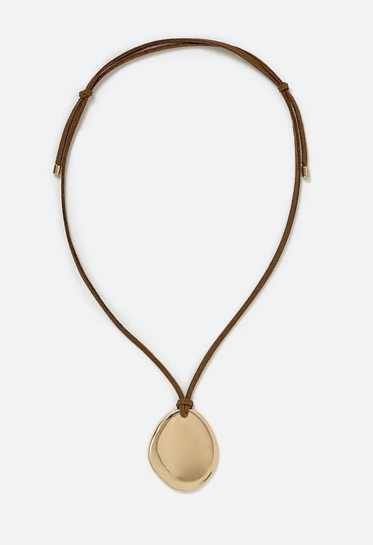 Ally Smooth Organic Pendant On Suede Cord Necklace Brown/ Gold