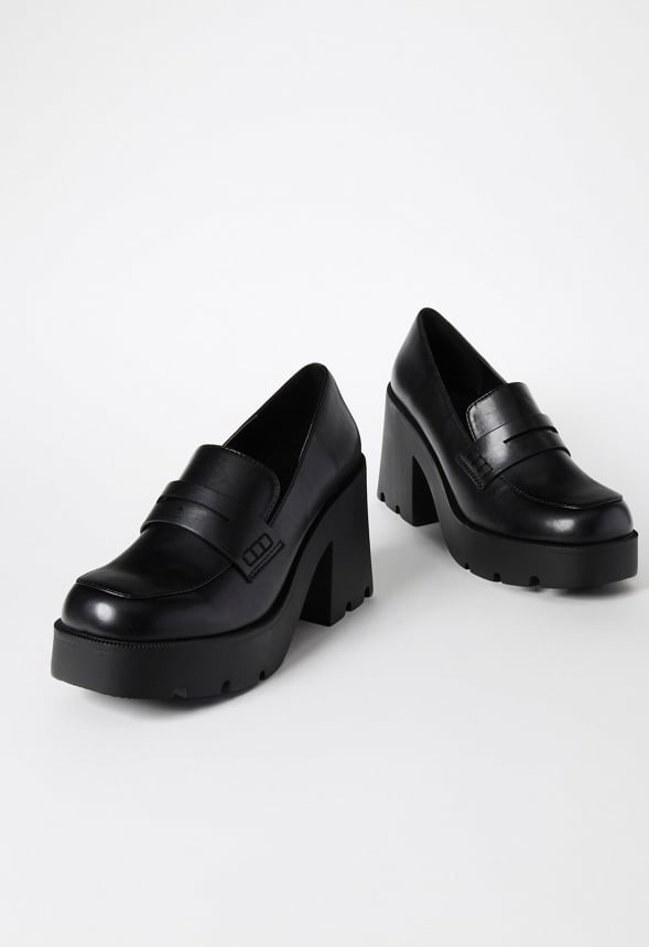 Cher Heeled Lug Sole Loafer Black Caviar