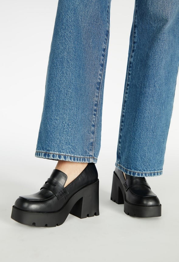 Cher Heeled Lug Sole Loafer Black Caviar