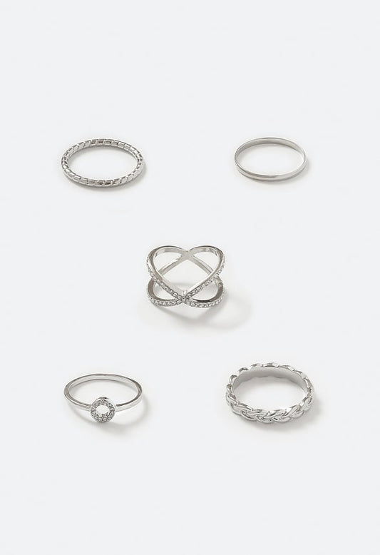 Zahra 5-Mixed Rings With Glass Stones & Crossover Detail Silver 