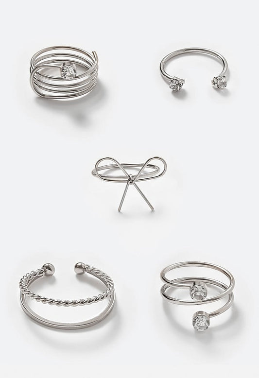 Demi Bow Motif And Glass Stone Mixed Rings Pack Crystal/ Silver