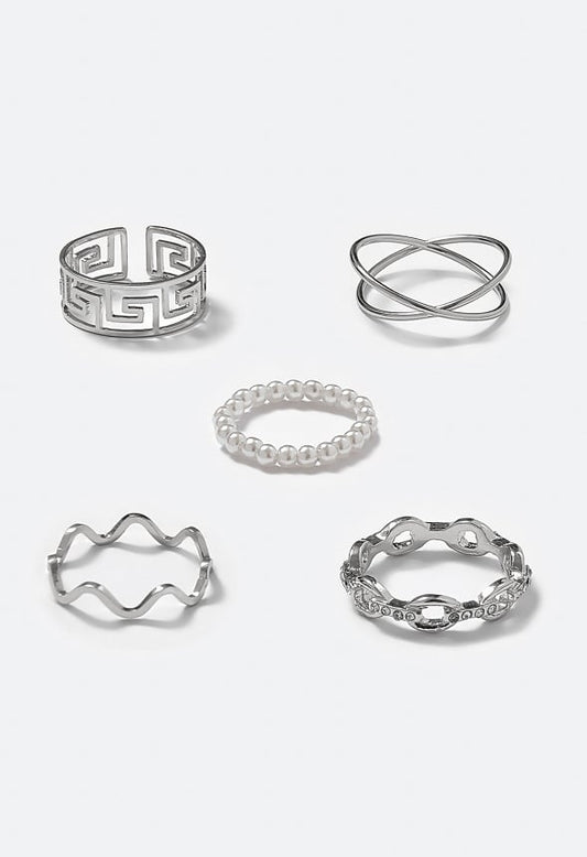 Rene Glass Pearls And Mix Motif Rings Pack Silver