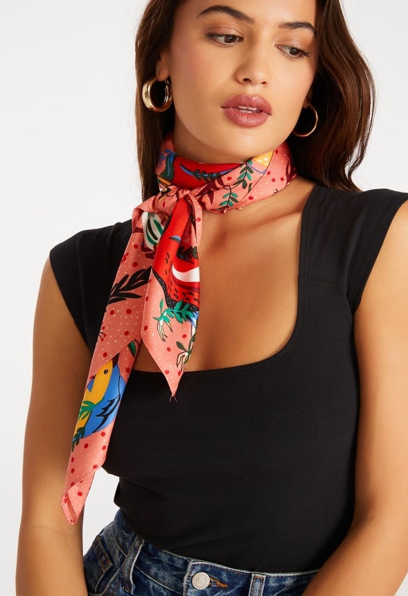 Eli Multicoloured Birds Print Silk Like Scarf Orange Mix/ Fabric