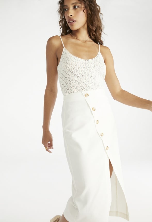 Linen Button Midi Skirt Marshmallow White