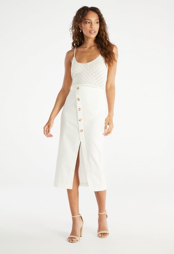 Linen Button Midi Skirt Marshmallow White