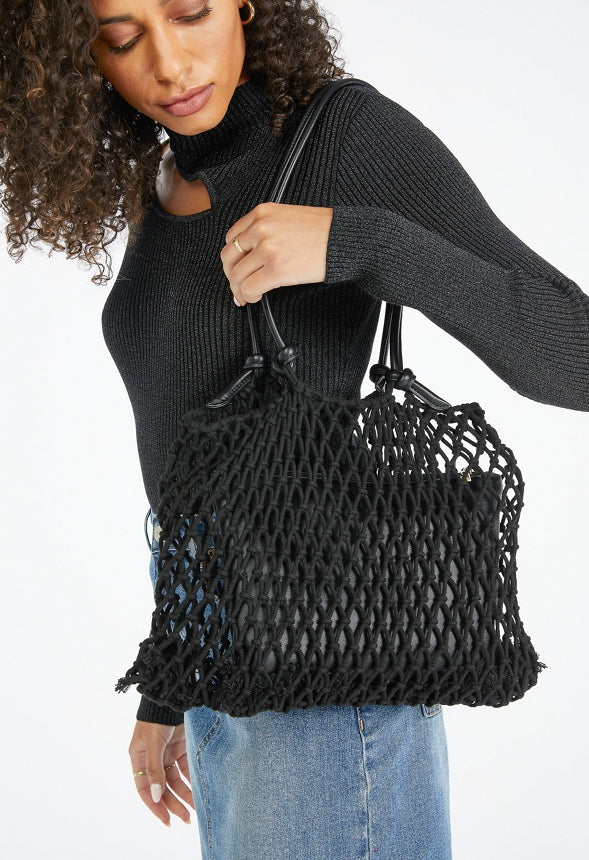 Macrame Tote with Knotted Handles Black