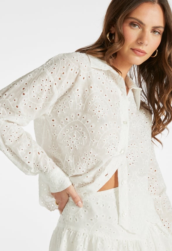 Cropped Eyelet Button Down Shirt Bright White