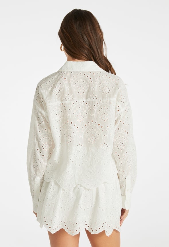 Cropped Eyelet Button Down Shirt Bright White